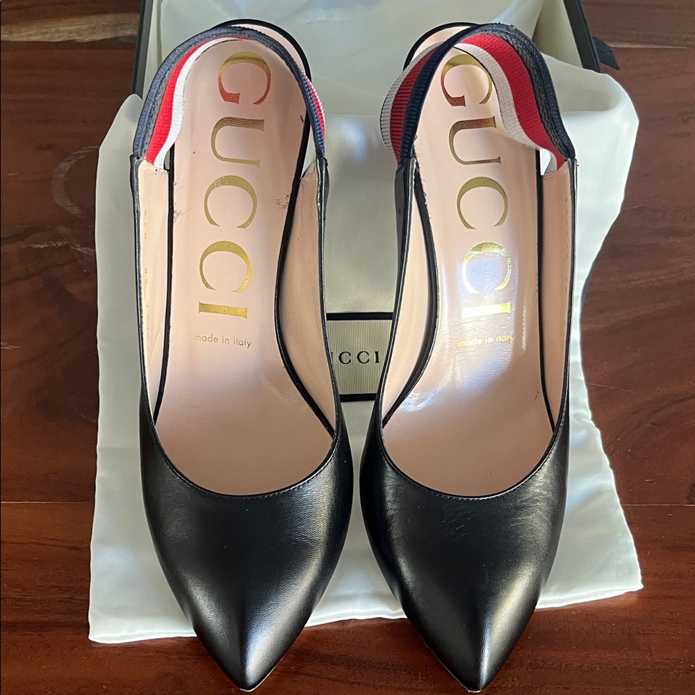 Gucci Black Leather Pointed Slingback Pumps with Red & Navy Striped Elastic